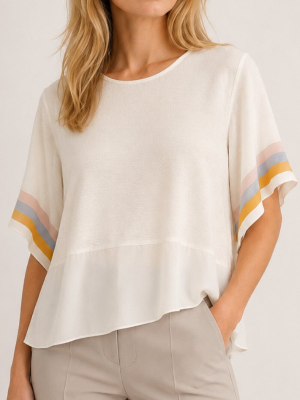 Zara WB Collection Women's Ivory Textured Blouse Colorblock Sleeves Size Large